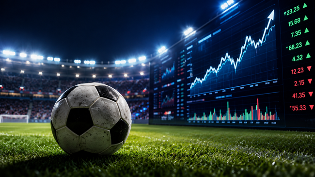 Pallone da calcio in campo con grafico di borsa in sovrimpressione sullo sfondo
