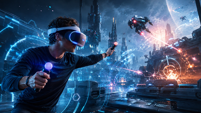 Uomo con visore VR e controller di movimento in un ambiente di gioco futuristico